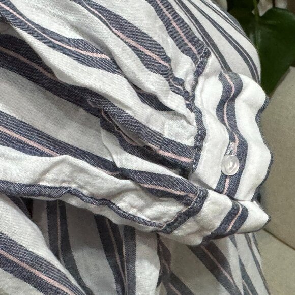 H&M V-Neck 100% Cotton Woven Striped Tunic Shirt, White & Blue with Pink, 12 - Picture 6 of 15